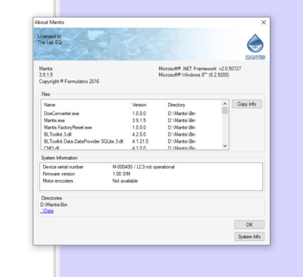 FORMULATRIX MANTIS V3.1 ACC Microfluidic Liquid w/ Lab Imaging Software 3.9.1.5